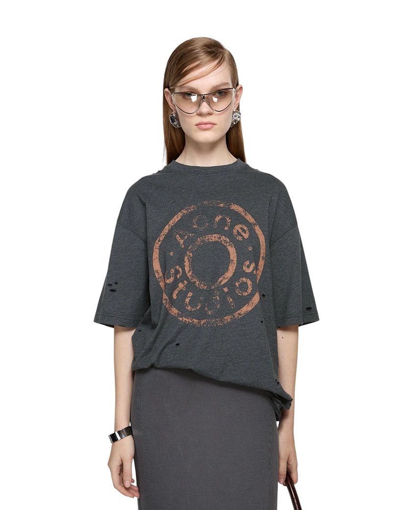 Acne Studios Distressed Logo Print T-Shirt Black Melange