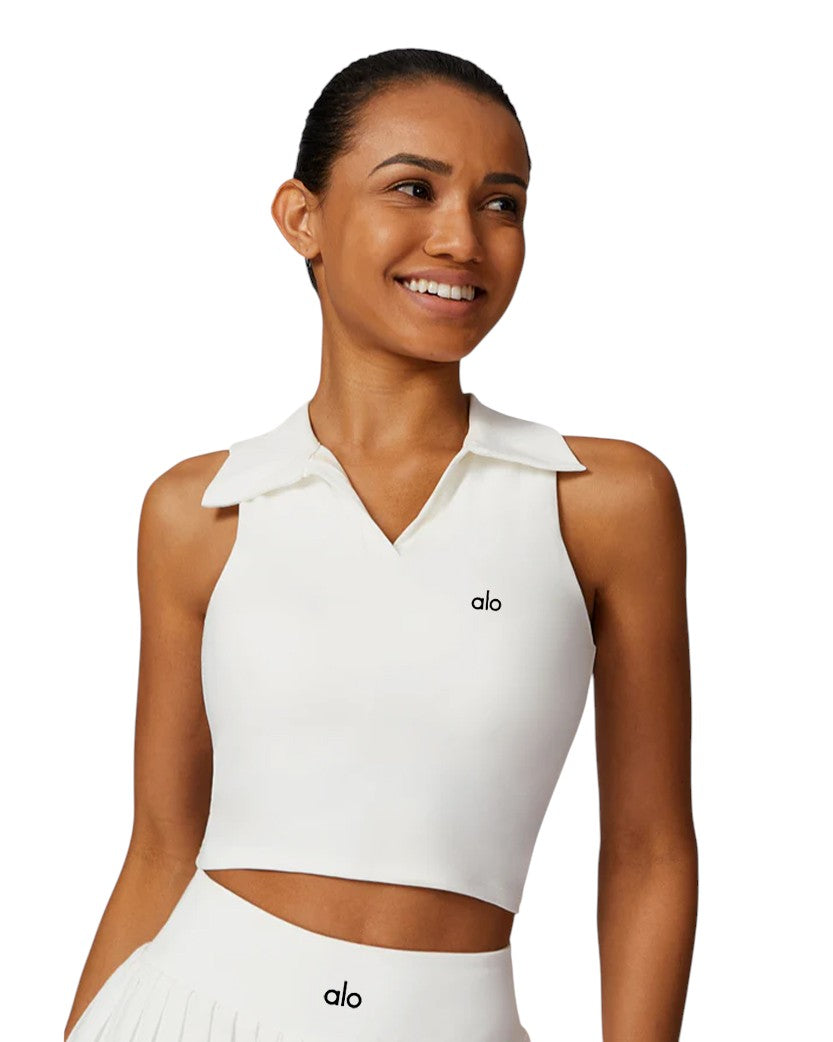 Alo Yoga Sleeveless Polo Crop Top White