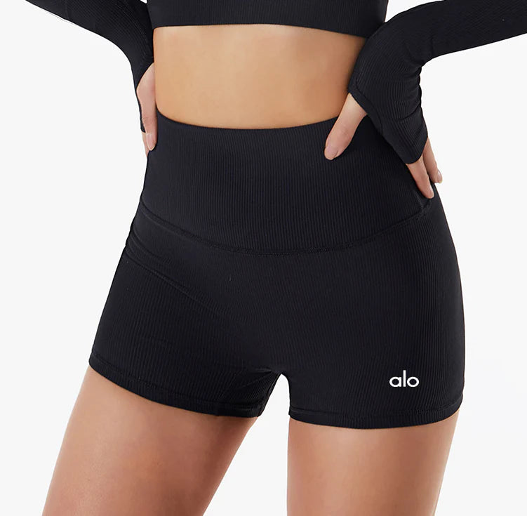 Alo Yoga Tight Fitting Ribbed Shorts Black 001-BK