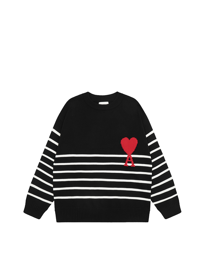 AMI Paris Ami De Coeur Striped Cotton And Wool Sweater Black