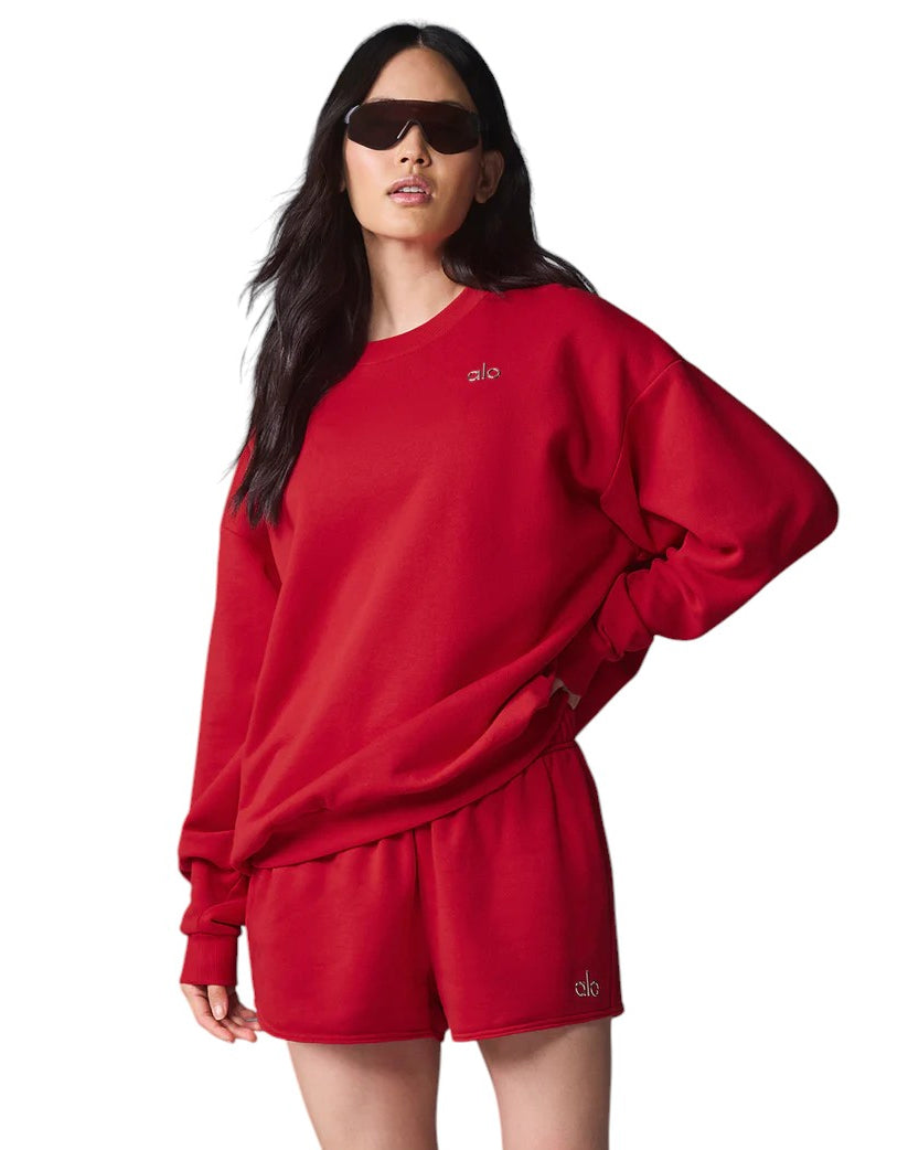 Alo Yoga Accolade Crew Neck Pullover Silver Logo Red