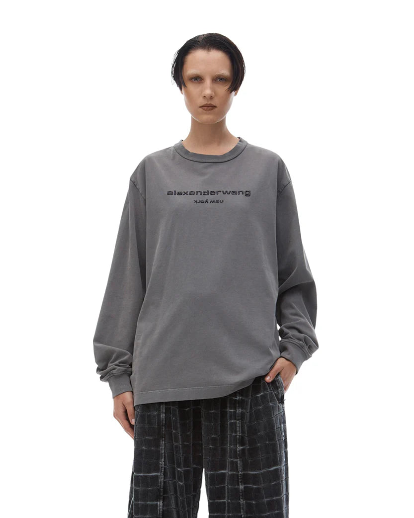 Alexander Wang Glitter Puff Logo Long-Sleeve Tee in Cotton Washed Granite