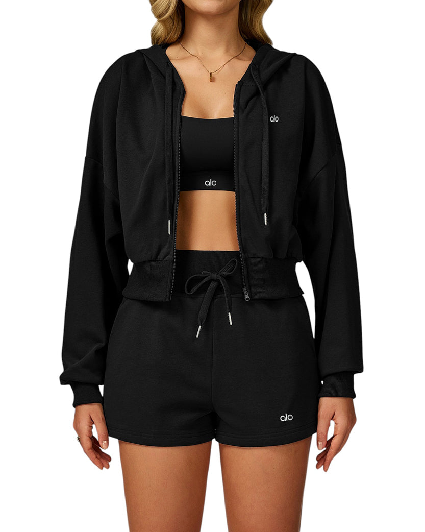 Alo Yoga Serenity Cropped Zip Hoodie Black EWK20301-BK