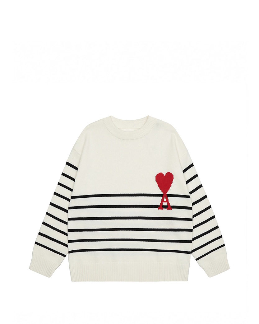 AMI Paris Ami De Coeur Striped Cotton And Wool Sweater White