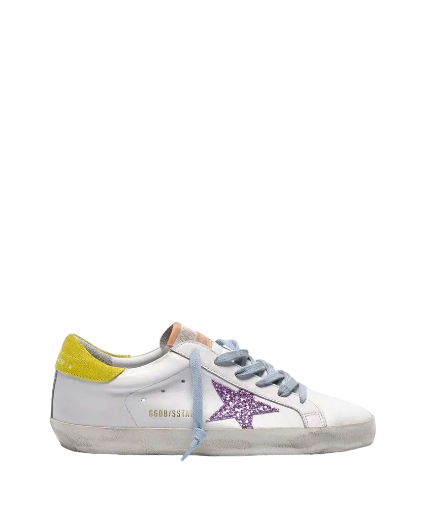 Golden Goose Superstar Sneakers With Pink Glittery Star and Yellow