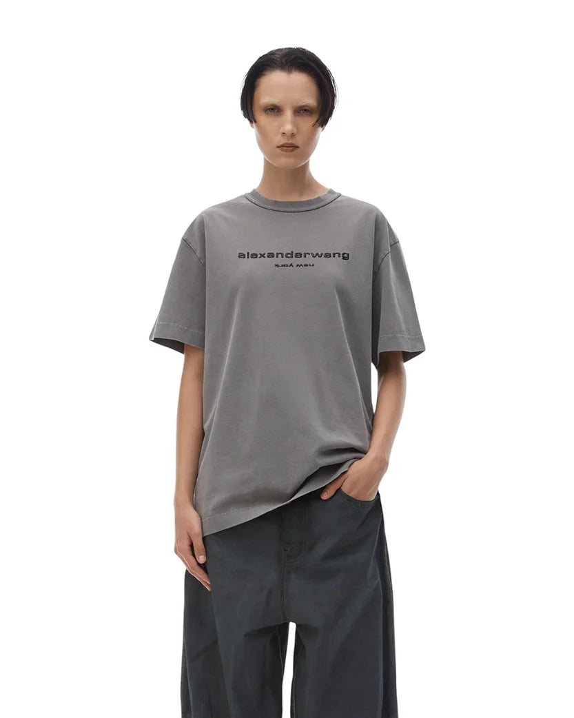 Alexander Wang Glitter Puff Logo Tee in Cotton Washed Granite
