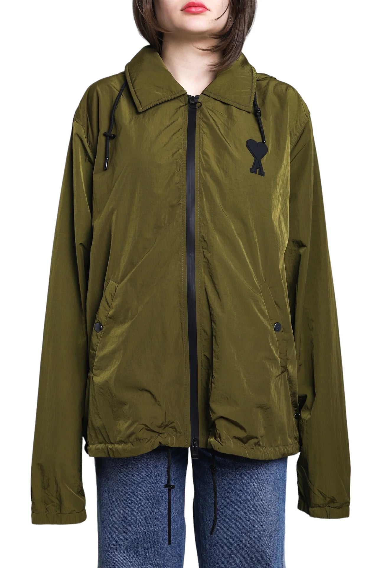 AMI Paris Heart Logo Hooded Windbreaker Olive