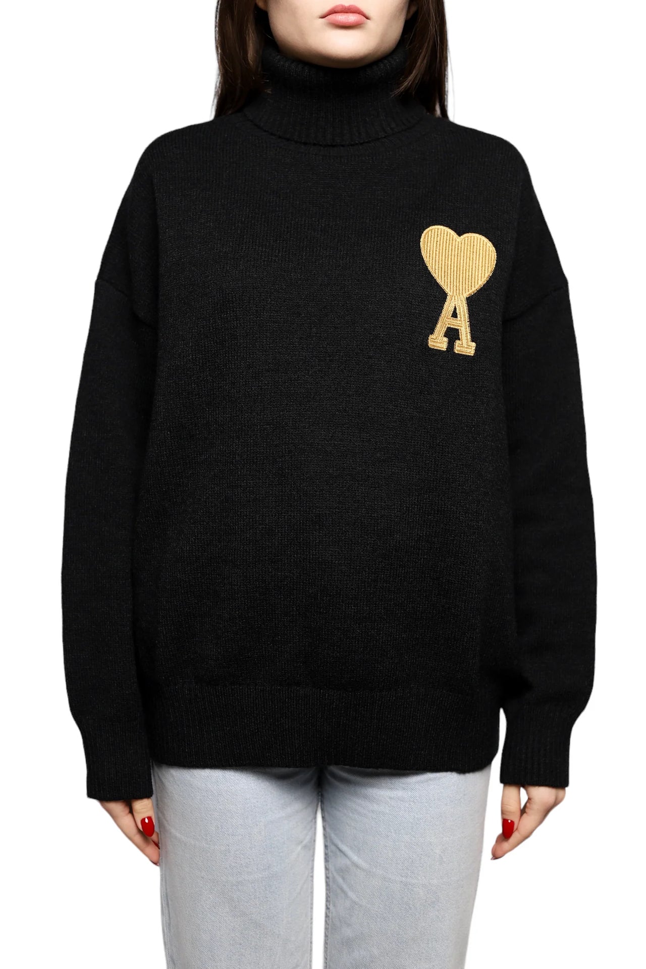 AMI Paris Ami de Coeur Lurex Funnel Neck Sweater Black