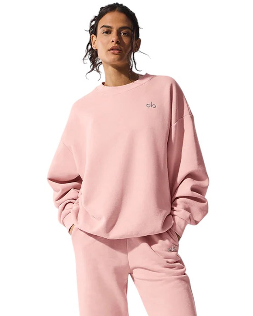 Alo Yoga Accolade Crew Neck Pullover Silver Logo Pink