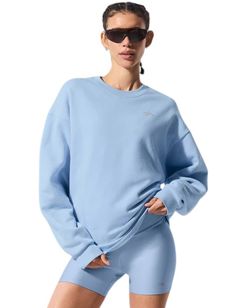 Alo Yoga Accolade Crew Neck Pullover Silver Logo Seashell Blue