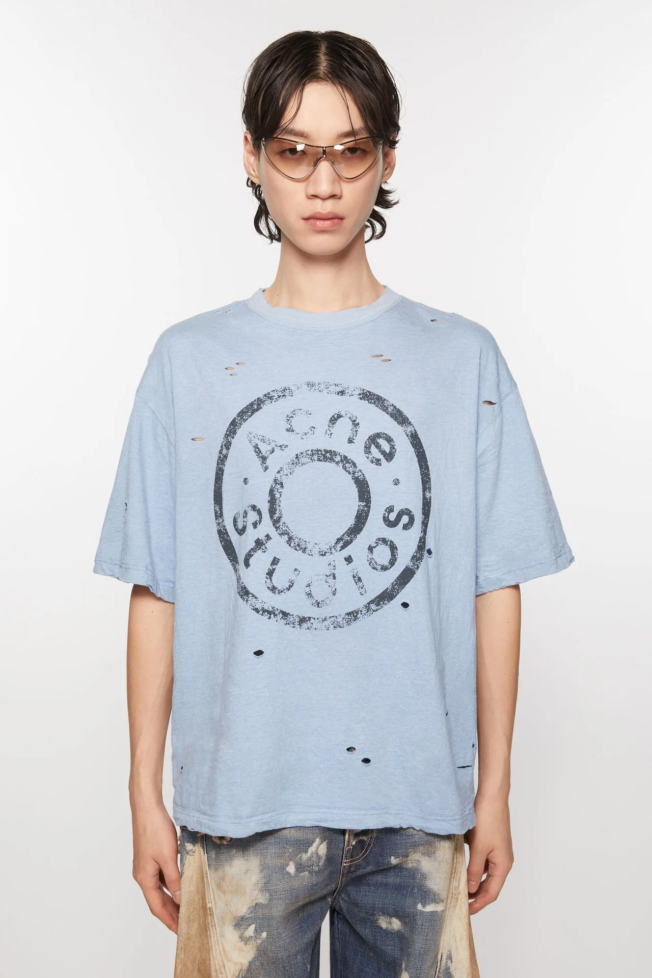 Acne Studios Distressed Logo Print T-Shirt Blue Melange