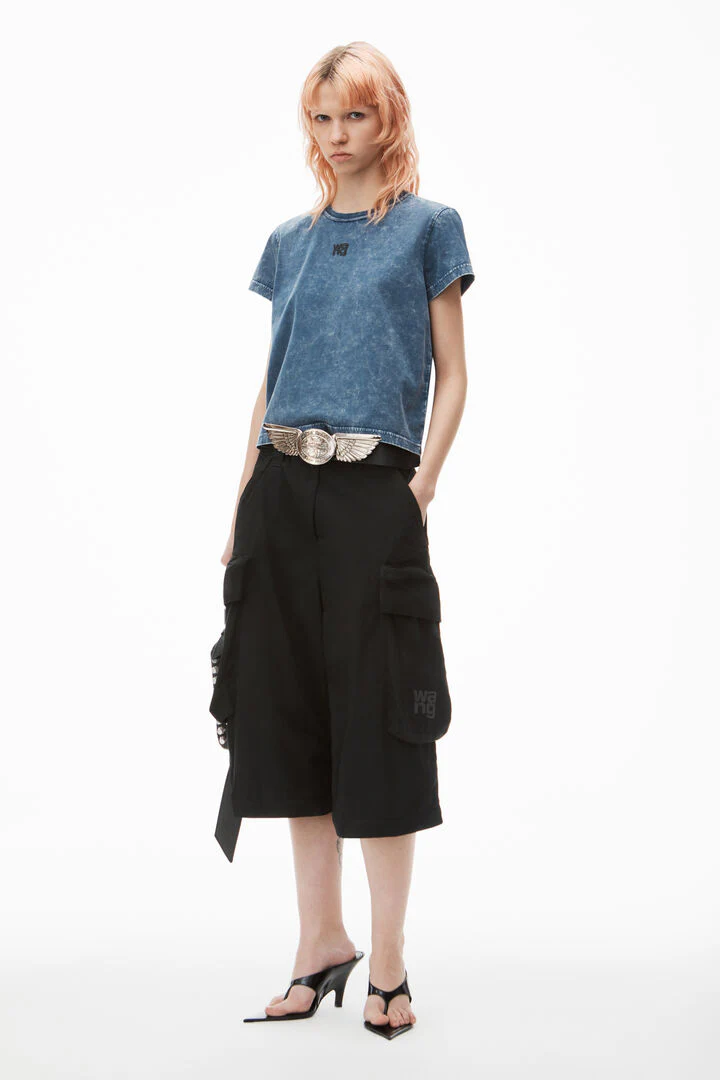 Alexander Wang Puff Logo Shrunken Tee In Cotton Jersey Faded Blue