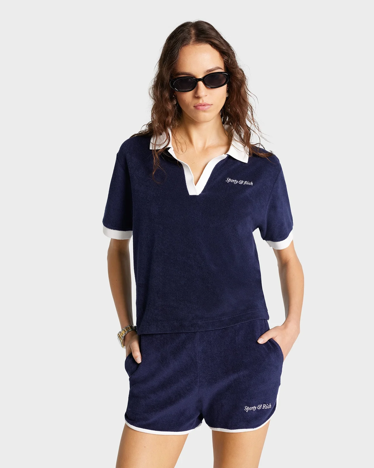 Sporty & Rich Italic Logo Terry Polo Navy/White