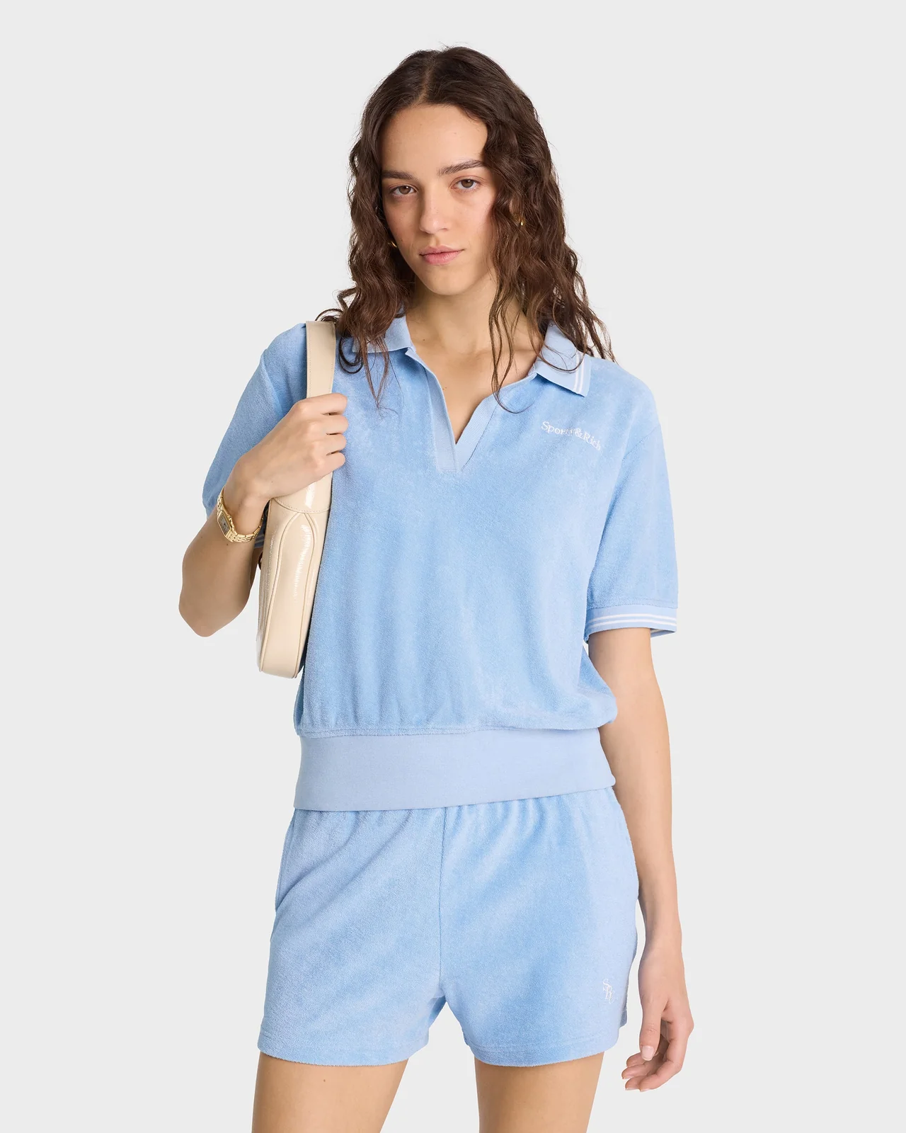 Sporty & Rich Serif Logo Terry Polo Sky Blue/White