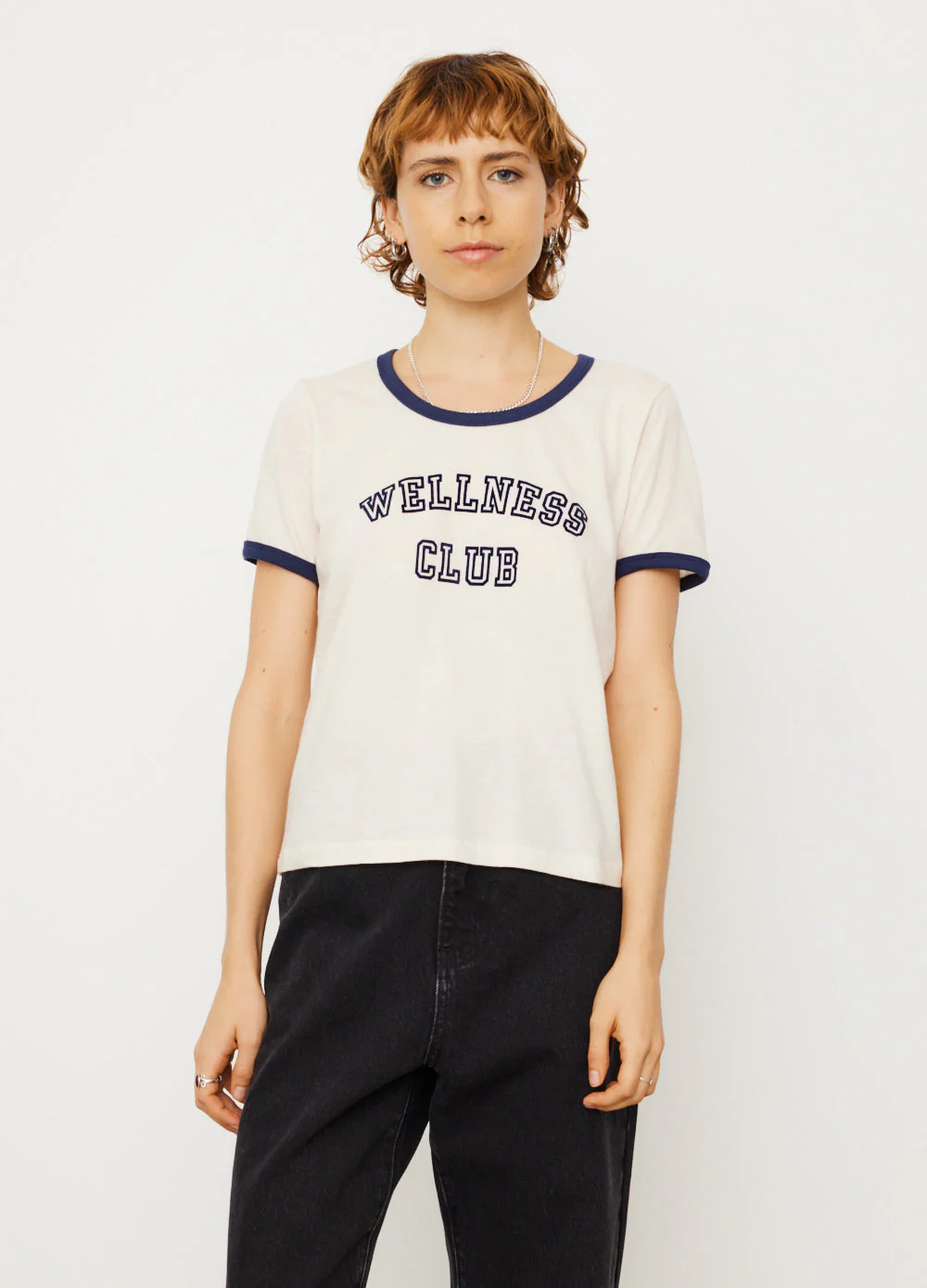 Sporty & Rich Wellness Club Ringer T-Shirt Cream/Navy