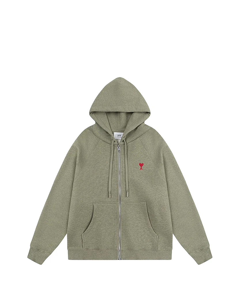 AMI Paris Ami De Coeur Small Logo Zipped Hoodie Heather Green