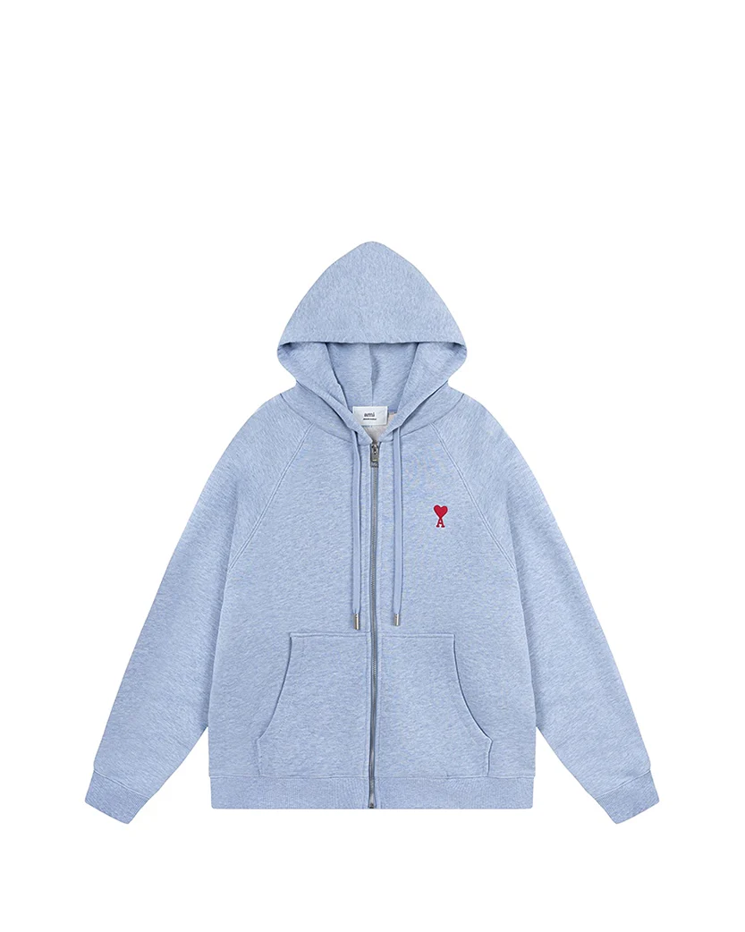 AMI Paris Ami De Coeur Small Logo Zipped Hoodie Heather Blue