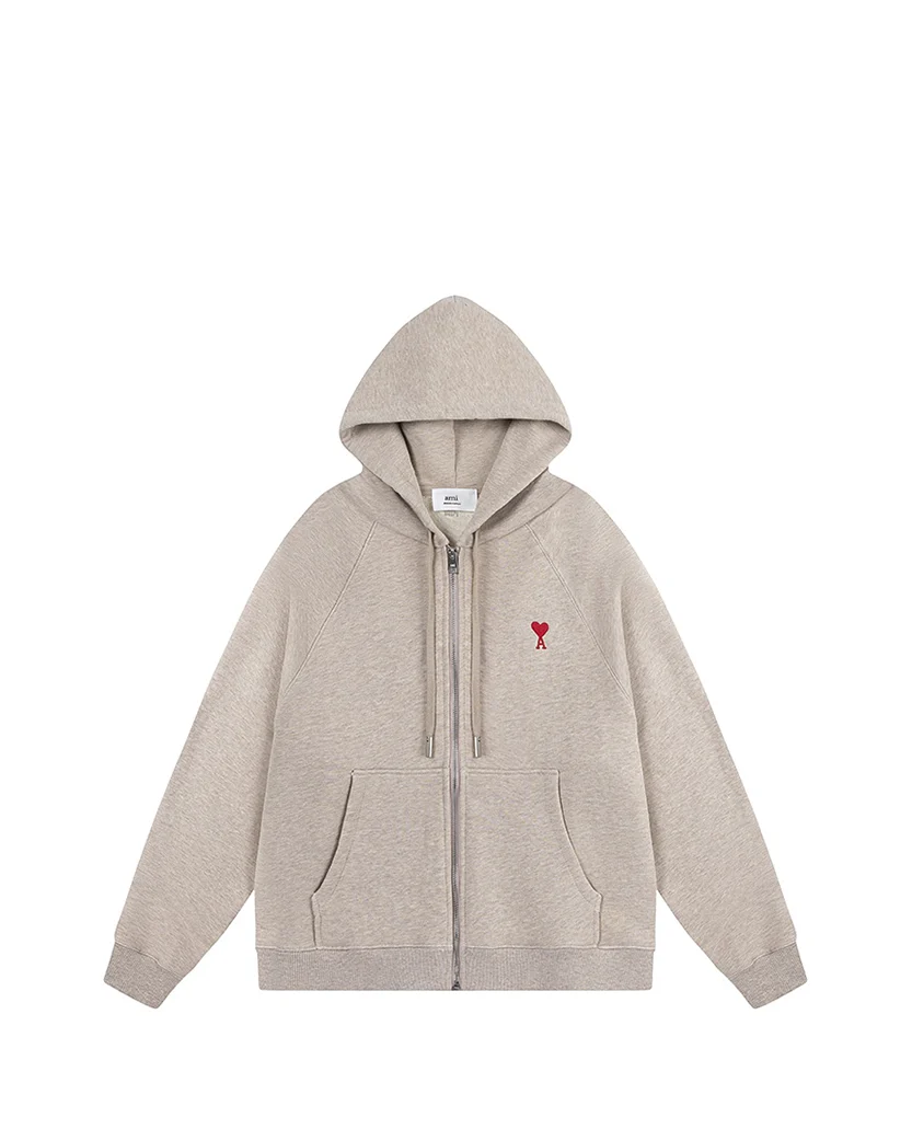 AMI Paris Ami De Coeur Small Logo Zipped Hoodie Heather Beige
