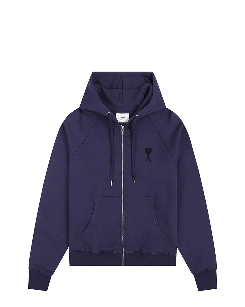 AMI Paris Ami De Coeur Zipped Hoodie Navy Blue