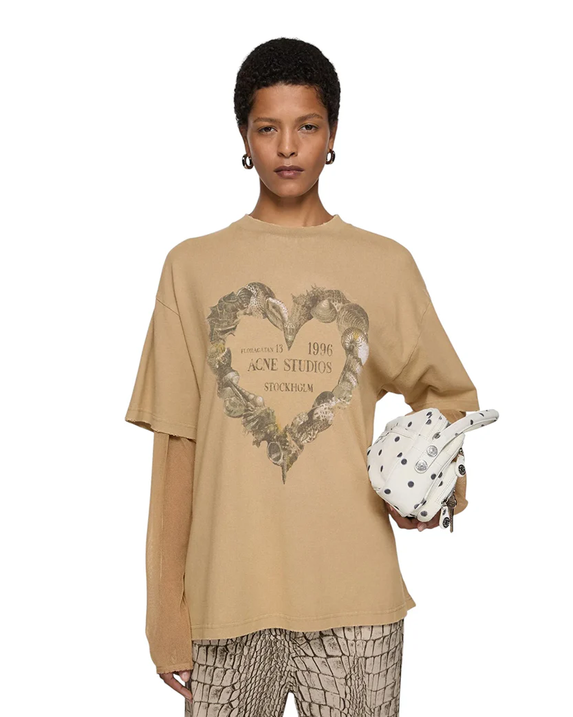 Acne Studios Floragatan Layered Print T-Shirt Sand Beige