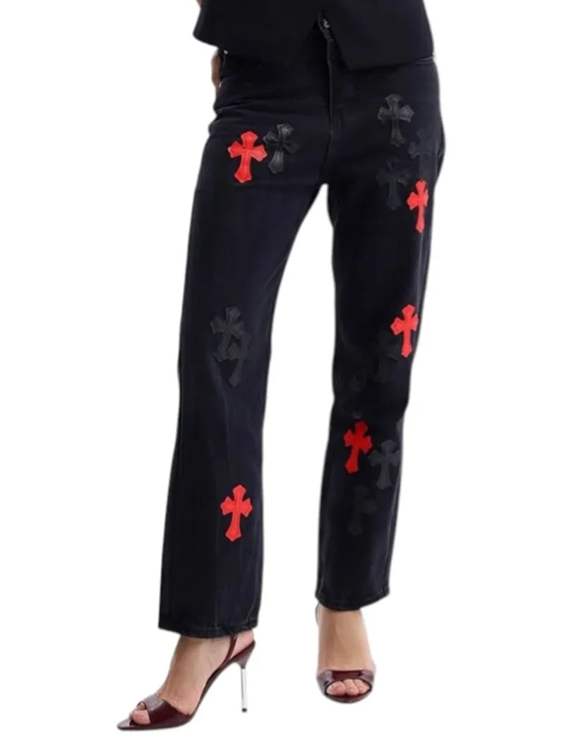 Chrome Hearts Jeans with Red and Tonal Cross Black CH128-BK
