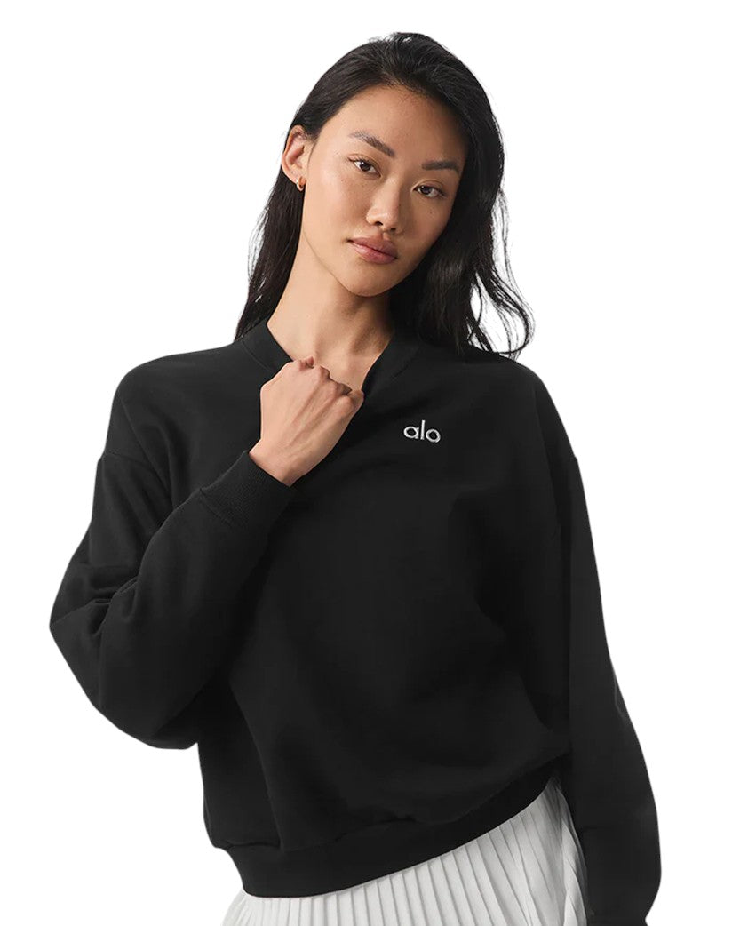 Alo Yoga Accolade Crew Neck Pullover Silver Logo Black