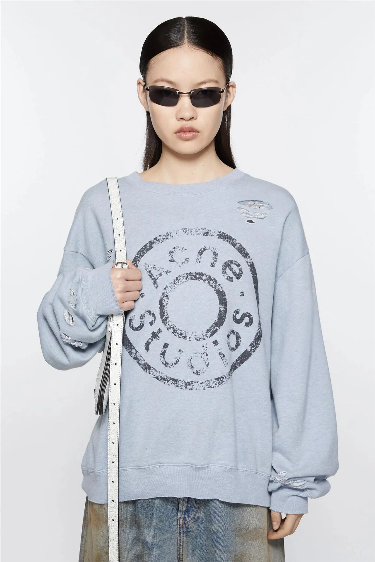 Acne Studios Distressed Logo Print Sweatshirt Blue Melange