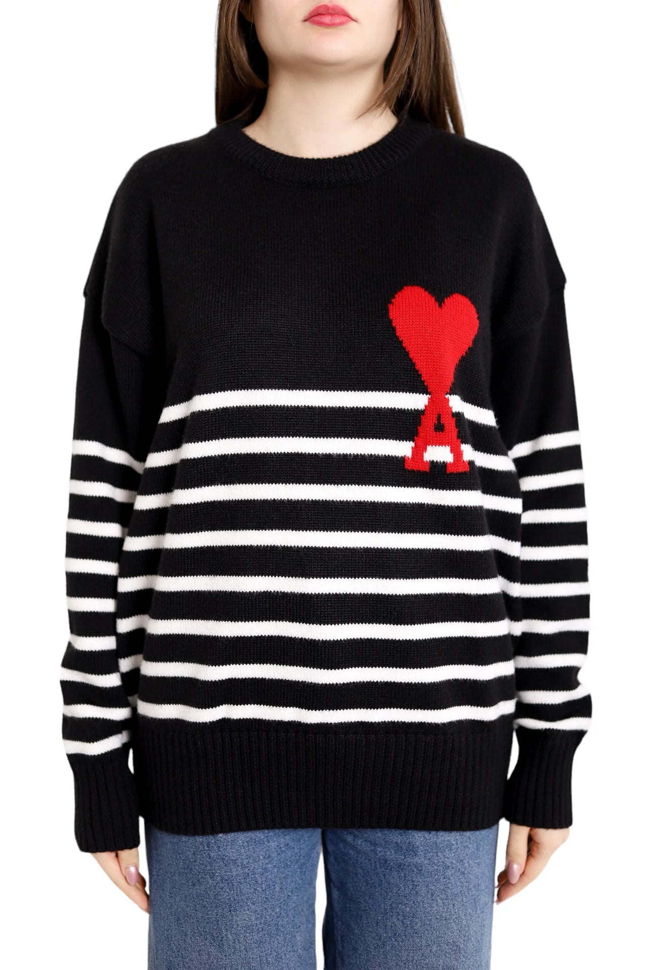 AMI Paris Ami De Coeur Striped Cotton And Wool Sweater Black